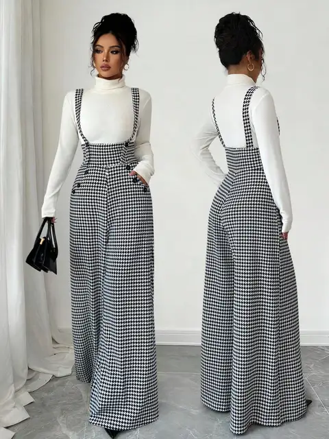 Overalls for Women's Winter Jumpsuit Black White Vintage Wide Leg Suspender Pants for Office Commute Casual Female Clothing