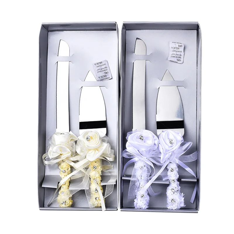 Ribbon Flower Decorated Stainless Steel Shovel Cake Pizza Knife Serving Set for Wedding   Birthday PartyCake Cutter