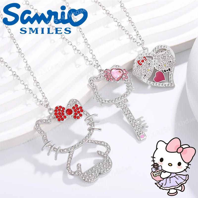 Sanrio KT Cat Necklace Set Cartoon Figure Hello Kitty Key Shape Luxury Diamond Alloy Pendants Bestie Cute Choker Birthday Gifts