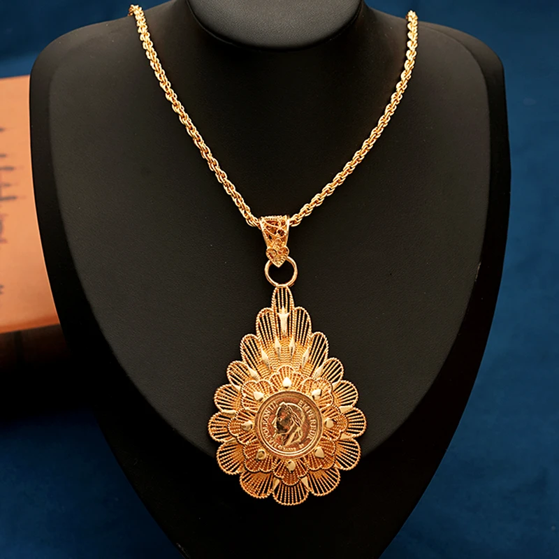 

Herseygold Arabesque Flower Gold Plated Necklace with Slid Chain Napoleon Figure Coin Pendants Arabic French Wedding Jewelry