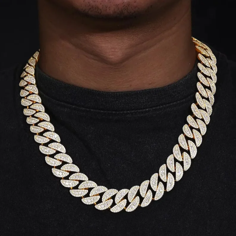 20MM Iced Out Hiphop Rock Gold Plated Necklaces 925 Sterling Silver Sparkling VVS Moissanite Cuban Link Chain