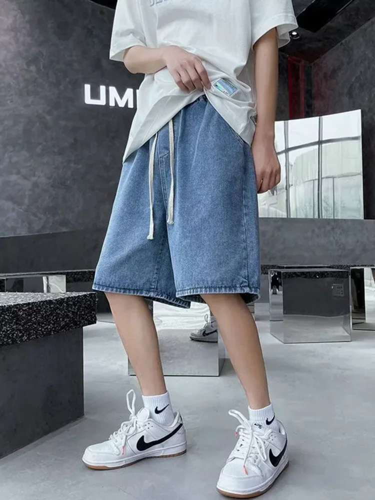 Men Loose Fit Denim Shorts Male Summer Fashion New Casual Straight Leg Five Quarter Pants High Street Wide Leg Baggy Pants