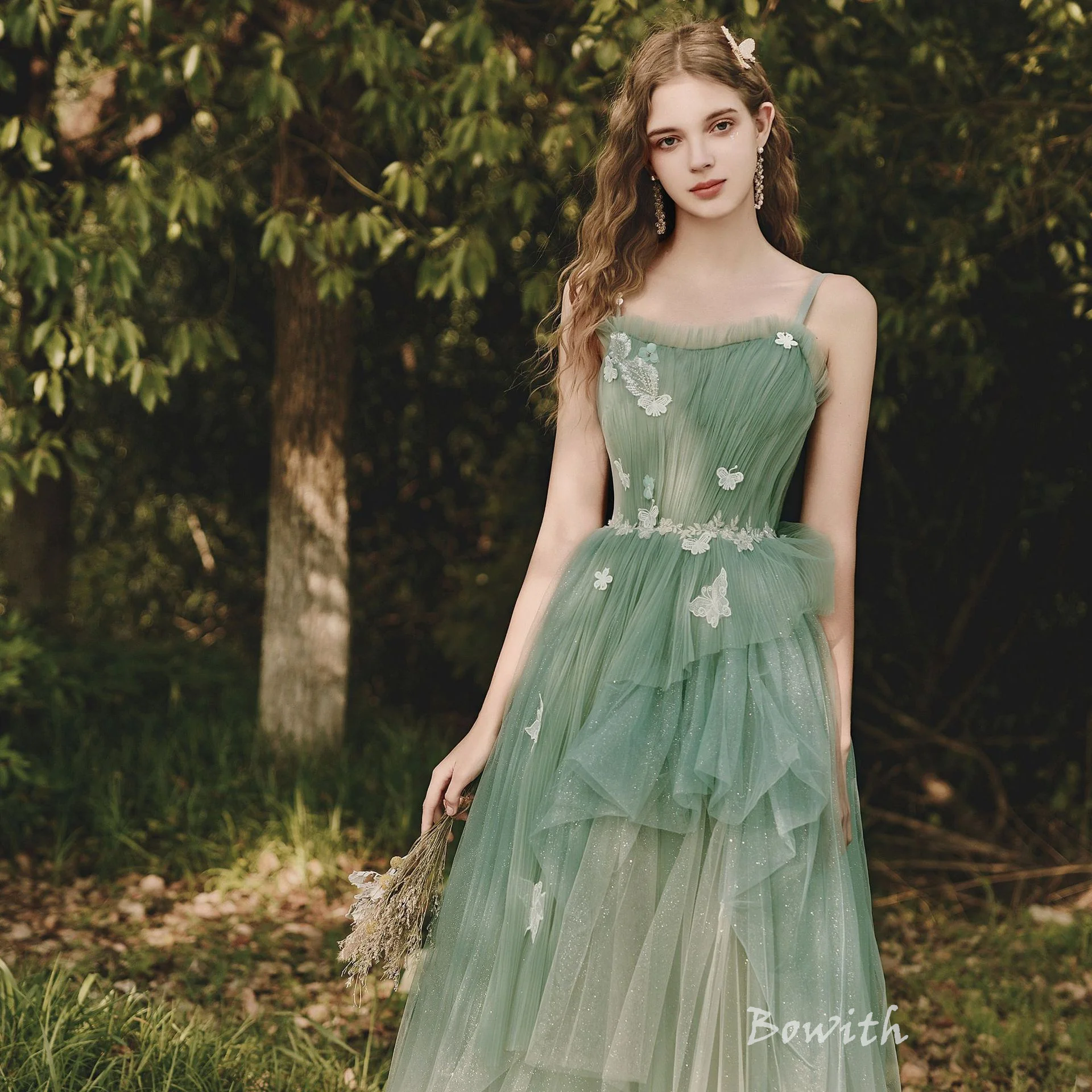 

Bowith Evening Wedding Party Dresses for Women Spaghetti Strap Tulle Long Dress Green Strapless Appliques Elegant Dresses 2024