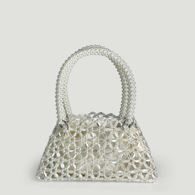 

Handmade Beaded Handbag Gold Silver White Shiny Weaving Hollow out Multi-Functional Underarm Bag High Aesthetic Ceiling Design