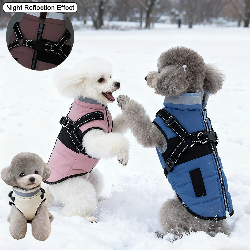 

Winter Warm Jumpsuit - Thick Jacket with Hood-like Collar, Adjustable Buckle Closure Small Medium Pet Dogs Reflective Clothes