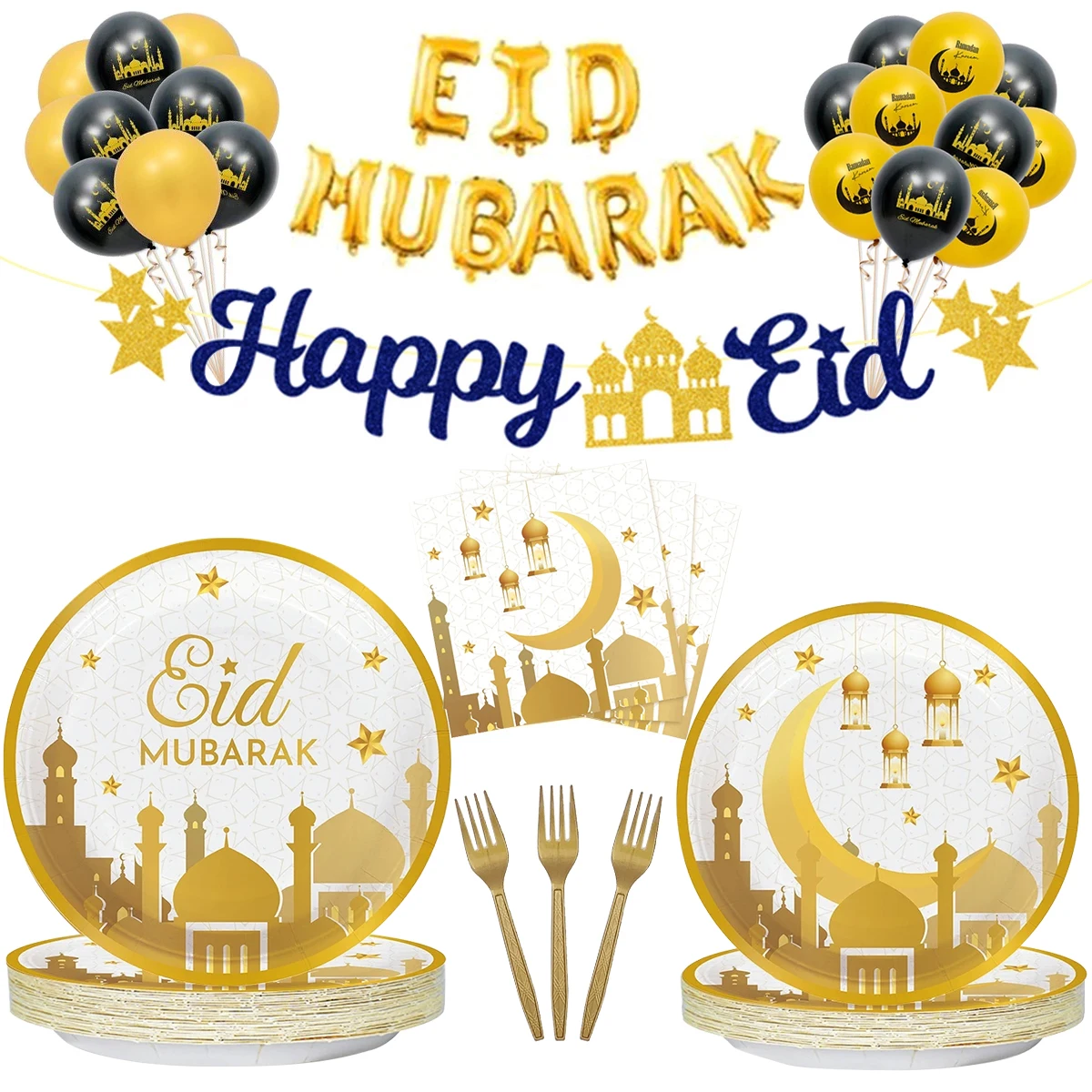 EID Mubarak Decorazione 2025 Stoviglie Usa E Getta Piatto di Carta Scatola Banner Ramadan Per La Casa Musulmano Islamico Ramadan Kareem Eid Party