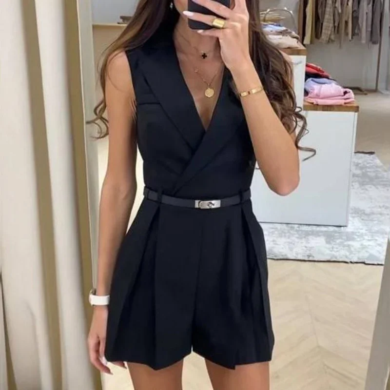 

New Women's Lapel V neck Suit Jumpsuit Summer Fashion OL Professional Commuting Women's Office Style Shorts Formal Jumpsuit