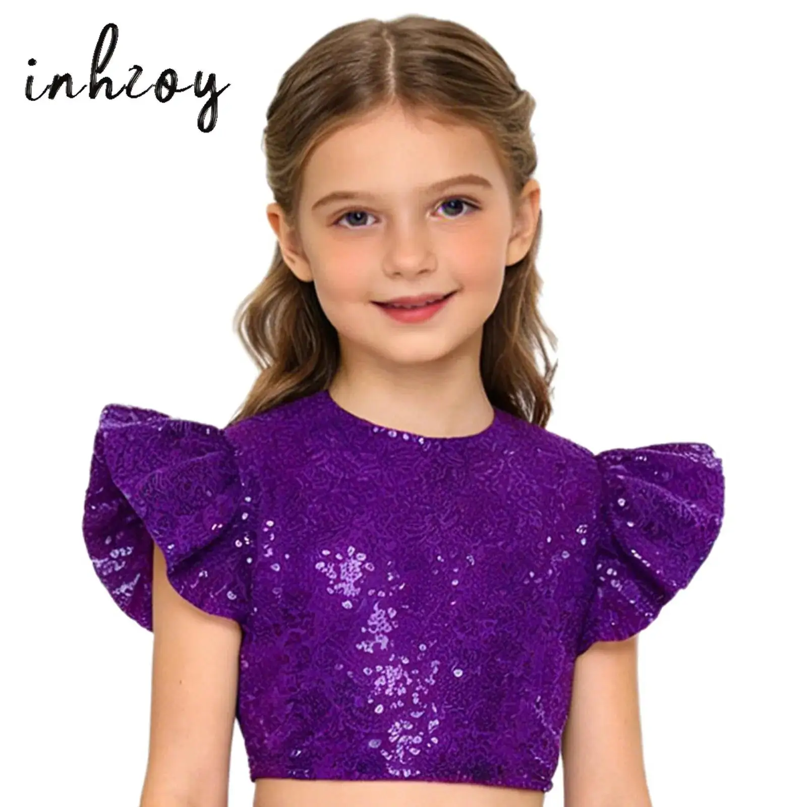 Kids Girls Jazz Dance Crop Top Glittery Sequins Crew Neck Ruffled Fly Sleeve Back Hidden Zipper Fully Lined Blouse Top Dancewear