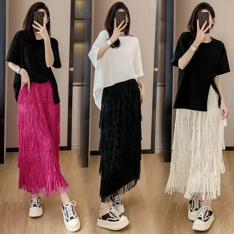 Summer New Niche Temperament Versatile Slim Skirt Two-piece Set Miyake High-end Pleated Tassel Cake Skirt for Women's