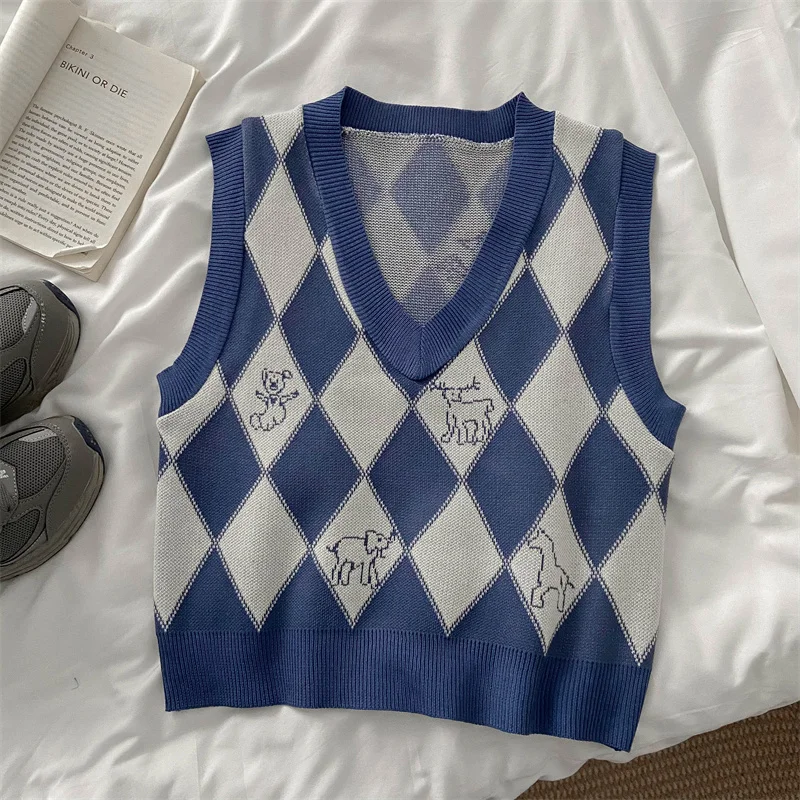 

Sweater Vest Women Korean Style V-neck Vintage Geometric Argyle Tops Sleeveless Sweaters Autumn Sweet Knitted Leisure Cozy Ins