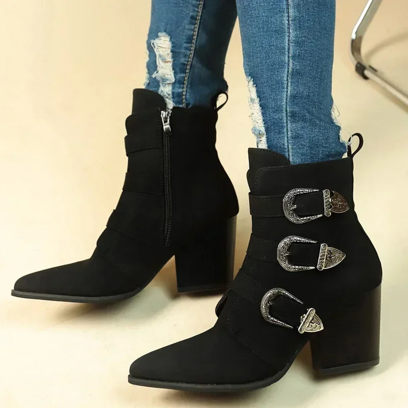 Vintage Ankle Boots for Women  Autumn New Pu Leather Block Heel Boots Woman Autumn Winter Platform Short Booties Big Size 43