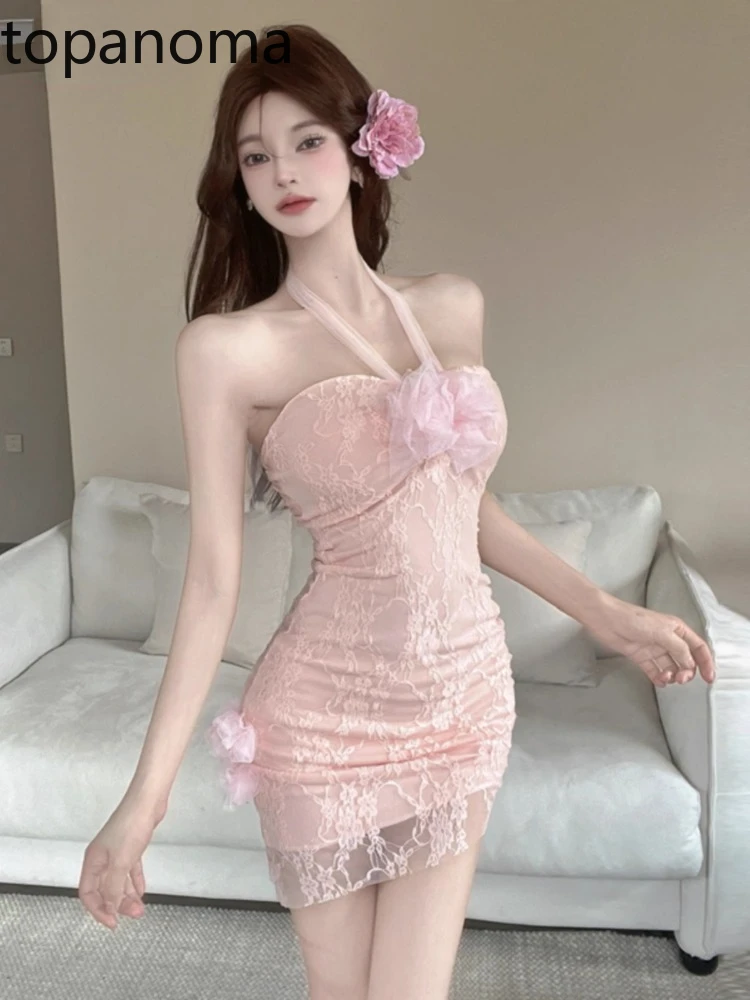 Topanoma Cocktail Dress Woman Wedding Party Strapless Lace Patchwork Mesh Flowers Backless Ribbon Evening Dresses Sexy Elegant