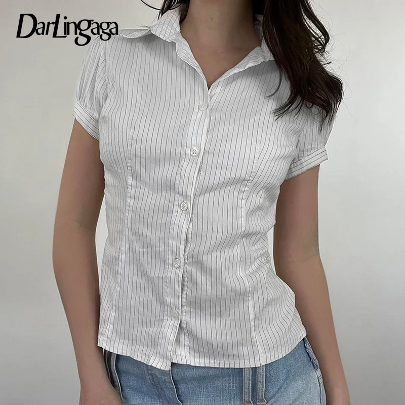 

Darlingaga Fashion Chic Stripe White Short Sleeve Summer Blouse Women Crop Tops Slim Buttons-Up Harajuku Cardigan Shirt Clothing