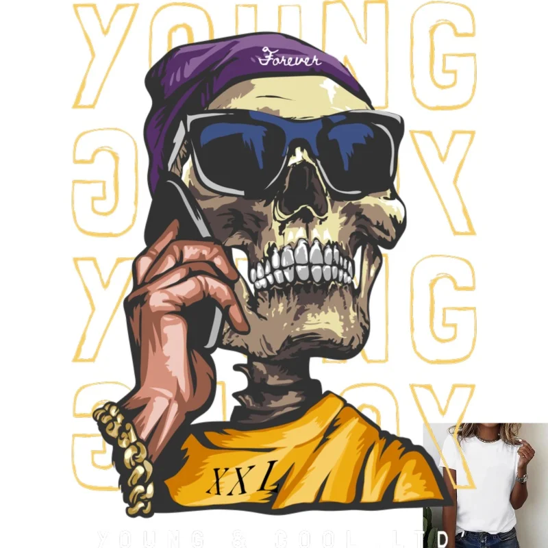 Trendy Skull Phone Print Heat Transfer White Ink Iron - on ，Suitable for T - Shirts/Canvas Bags ，Personalized Street Style