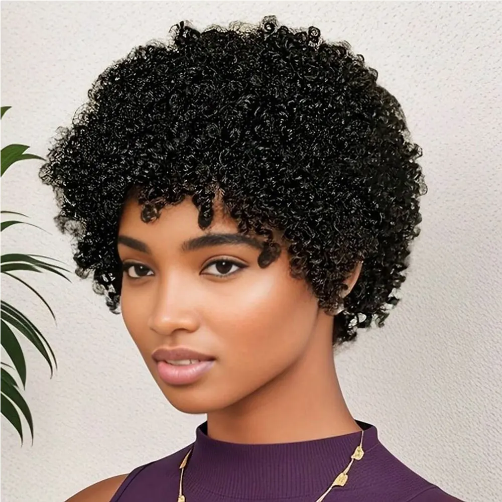 

Short Afro Kinky Curly Human Hair Wigs for Black Women Pixie Cut Kinky Curly Afro Wig Casual Wear Easy Install Machine Made Wig