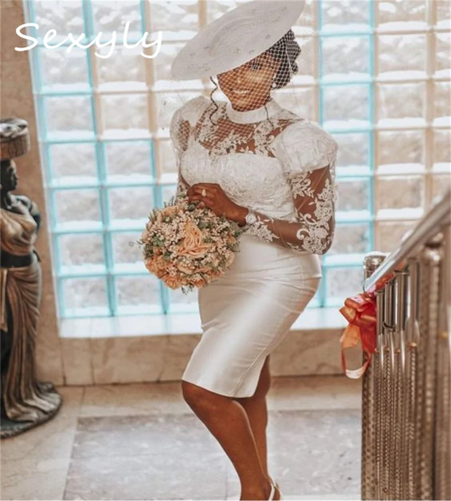 Simple Short Boho Wedding Dress Aso Ebi South African Civil Plus Size Lace Long Sleeve Bride Dress Chic Women Bohemian Bridal