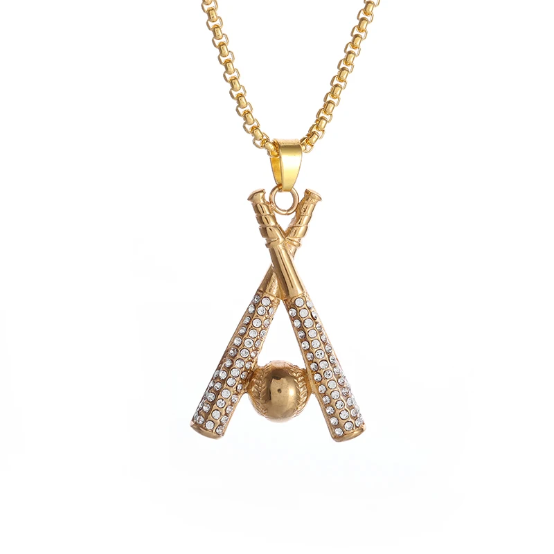 Hip-Hop Cool Cubic Zirconia Baseball Bat Pendant Necklace Couple Sports Trend Accessories Jewelry