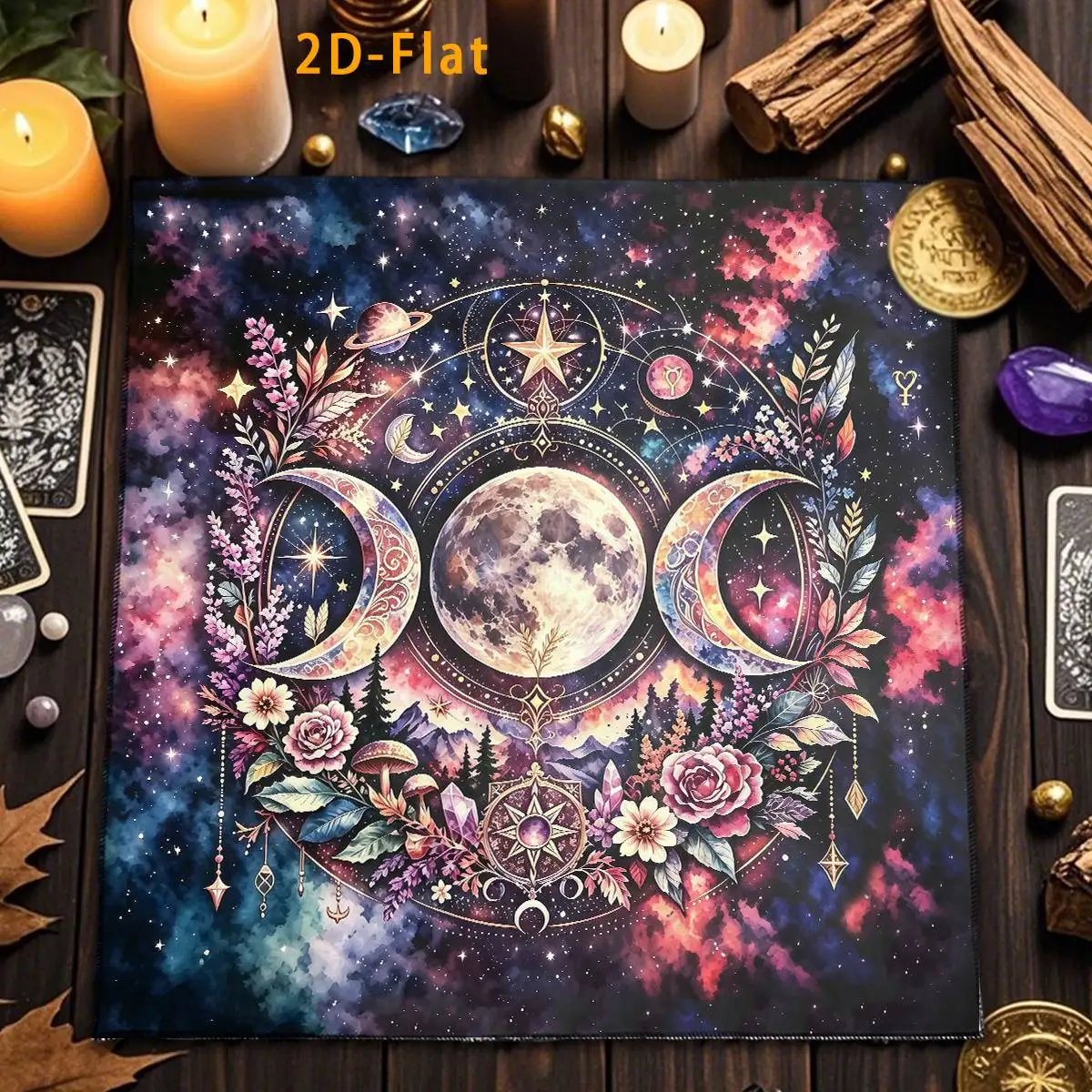 Triple Moon Tarot Tablecloth Vibrant Flowers & Plants Altar Cloth With Galactic Sky  Divination Cloth Board Game Card Pad Decor
