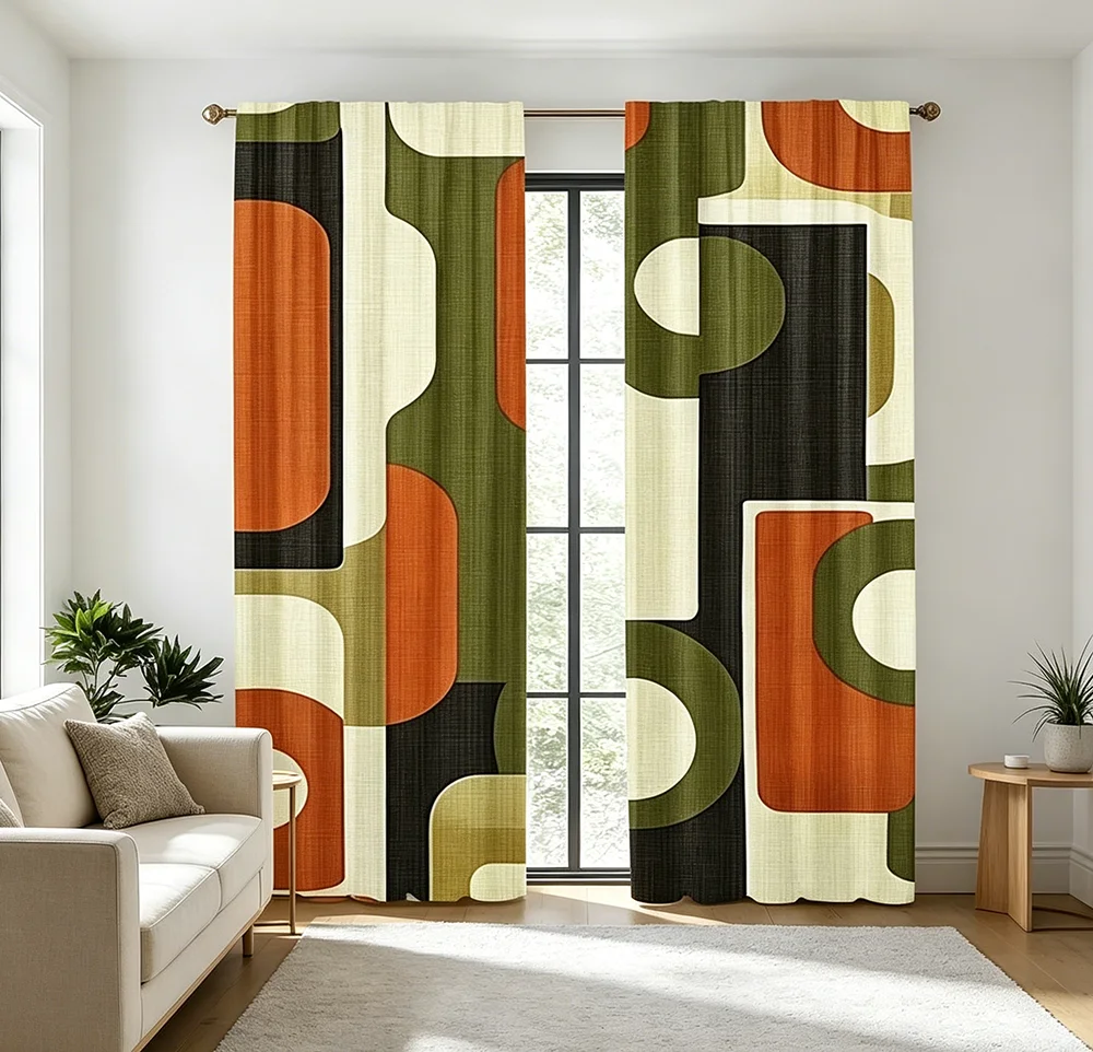 2PCS Digital Printed Curtains, Oil Green Geometric Abstract Modern Pattern, Window Drapes for Living Room Bedroom Home Decor