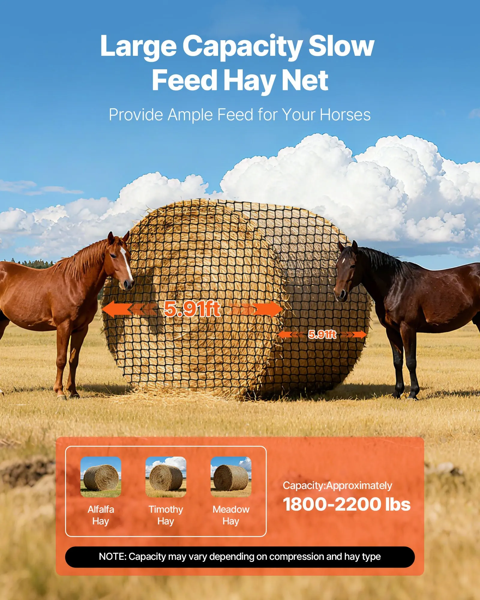 Filet à foin rond en PE 1,8 m, conception sans nœuds anti-déchirure avec attaches, cordon de réparation et sac de rangement, pour chevaux, pâturage, écurie, enclos, zone d'alimentation – 1,8x1,8x1,8 m