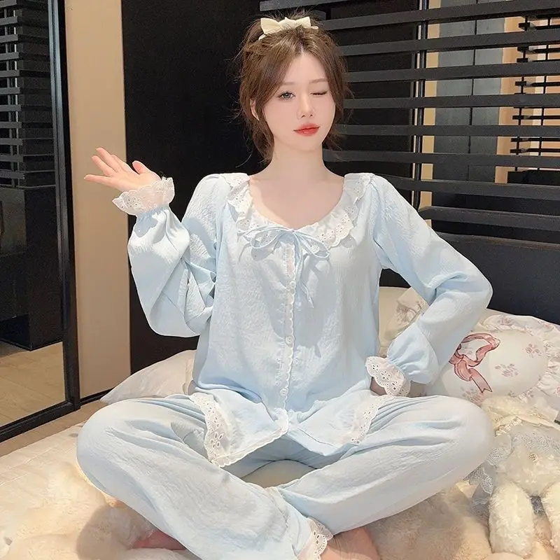 

Симпатичная хлопковая Пижама с кружевными краями и длинным рукавом, Новинка весна-лето 2024, Женская милая и удобная пижама в стиле принцессы с бантом