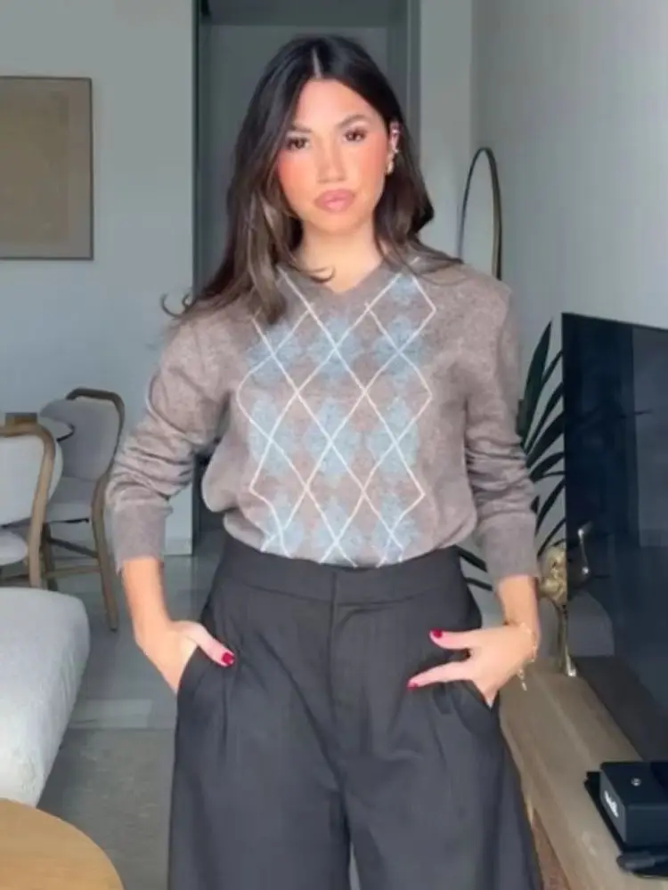 

HH женский зимний шерстяной смешанный вязаный свитер Argyle, пуловер, топ, женский модный универсальный теплый свитер с v-образным вырезом и длинными рукавами Mujer