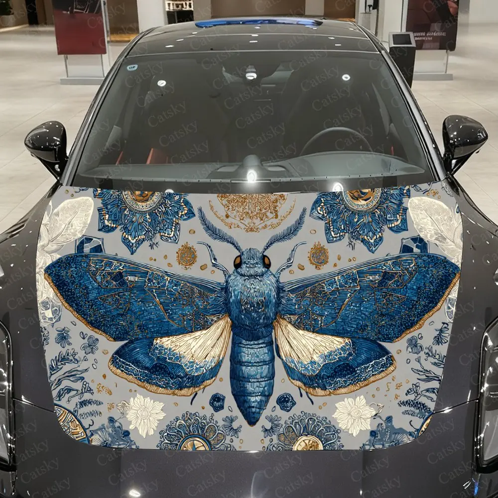 Car Decal Blue Moth with Vintage Pattern Textural Artistic Fusion Design Car Hood Sticker, Waterproof Self - Adhesive PVC Graphi