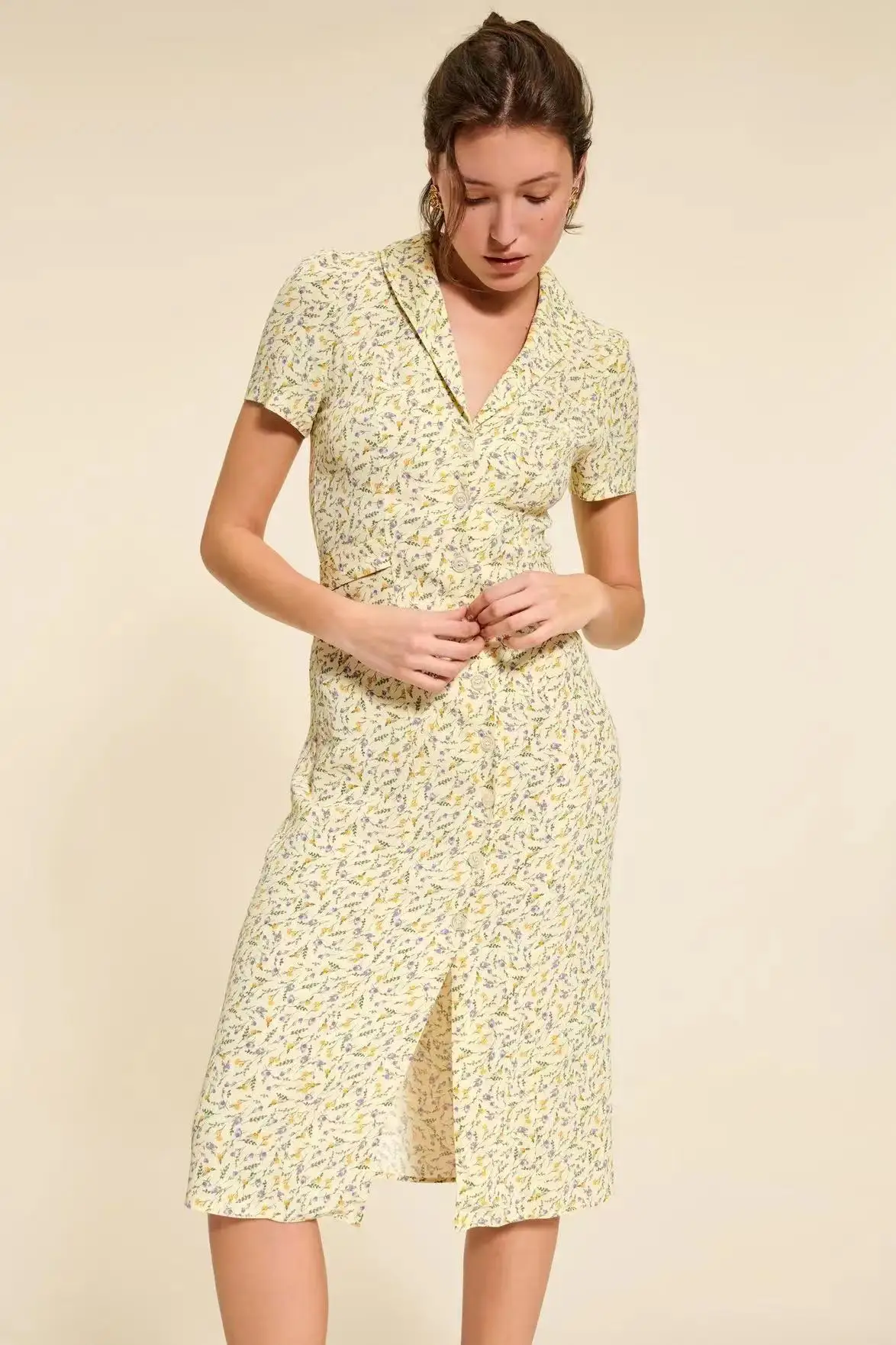 

French Sle Silk Print Turn-down Collar Single-button Slim Fit Dr Women's High Waist Spring Summer New Arrival 3362