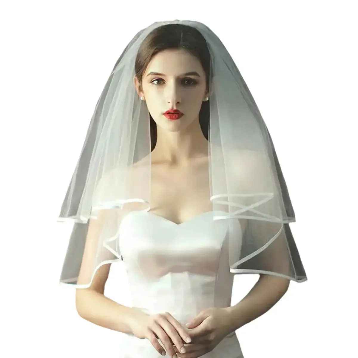 Simple Plain White Two Layer Satin Edge Bridal Veils Engagement Evening Elegant Church Wedding Double Layer Hen Party Veil Girl