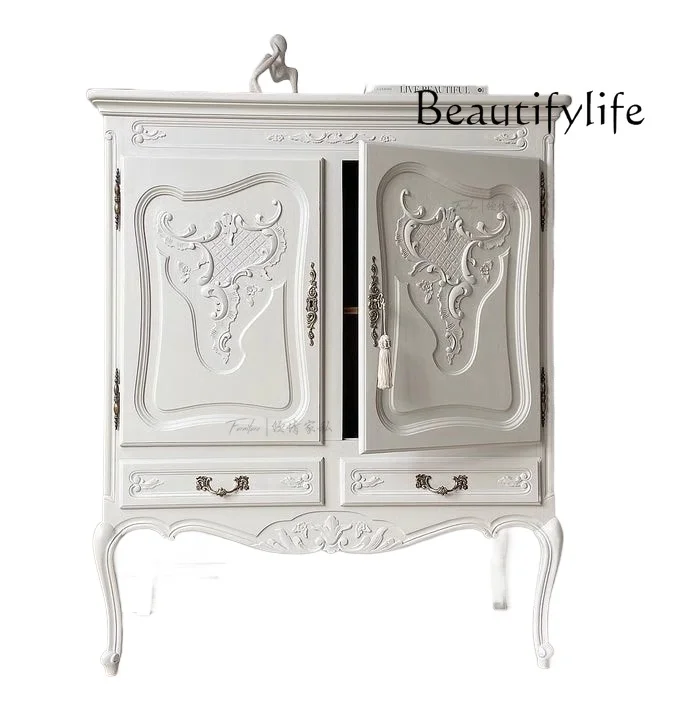 French cream wind solid wood carving flower dining side cabinet art with drawer storage cabinet