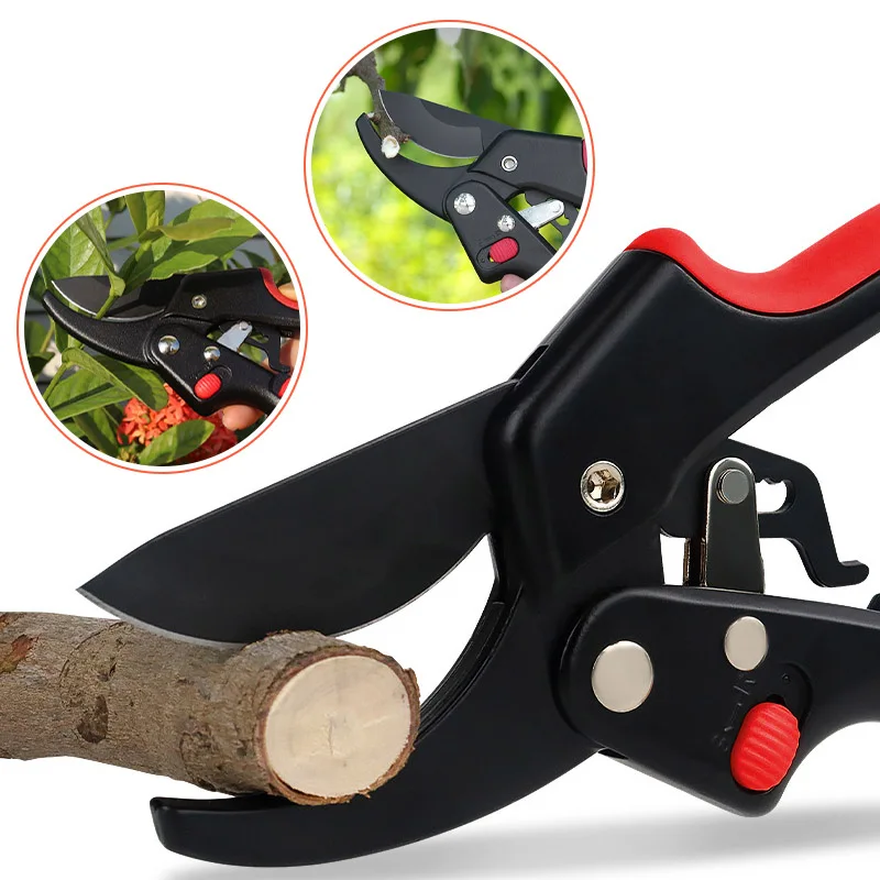 Tijeras de podar antideslizantes y resistentes para jardinería, uso doméstico, tijeras de podar de alta resistencia con mecanismo de trinquete.