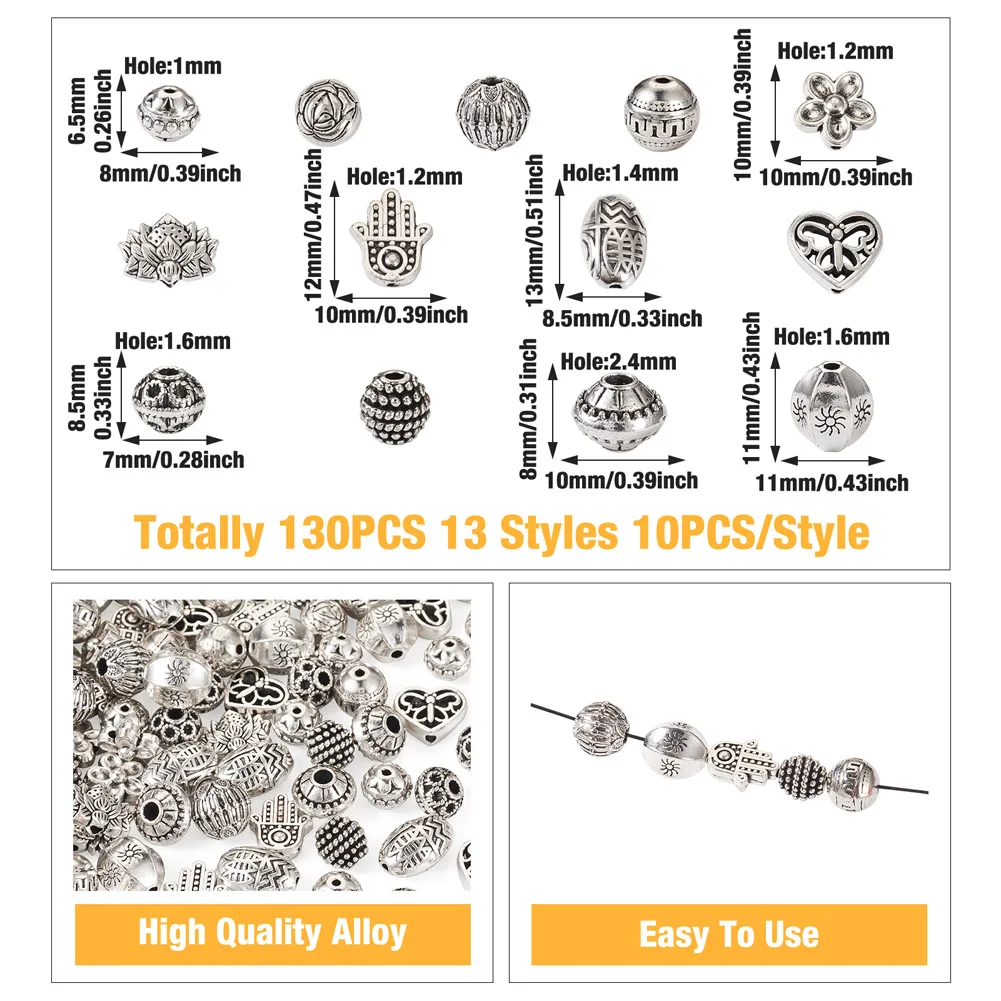 130pcs Antique Silver Color Tibetan Style Alloy Bead Loose Beads for Bracelet Necklace Earrings Handmade Jewelry Making Supplies