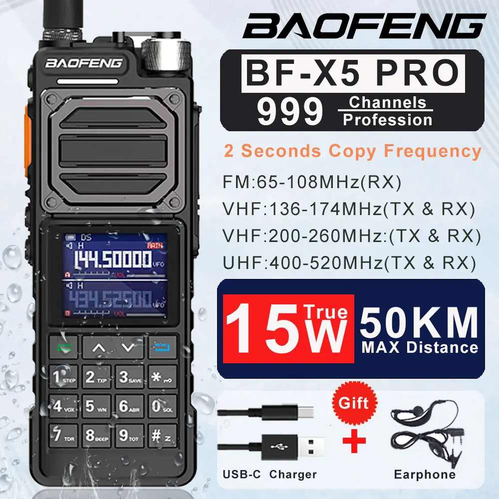 BaoFeng BF-X5 PRO Walkie Talkie Long Range Ham Radio Four-Band Copy Frequency High Powerful Portable 2-Way Radio Type-C Charger