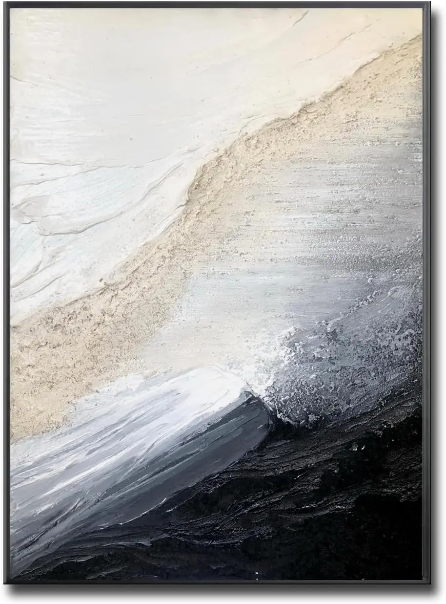 28x40 Inch Textured White Black Seascape Wall Art Large Framed Impasto Abstract Oil Painting Neutral Wabi Sabi Minimalist Decor