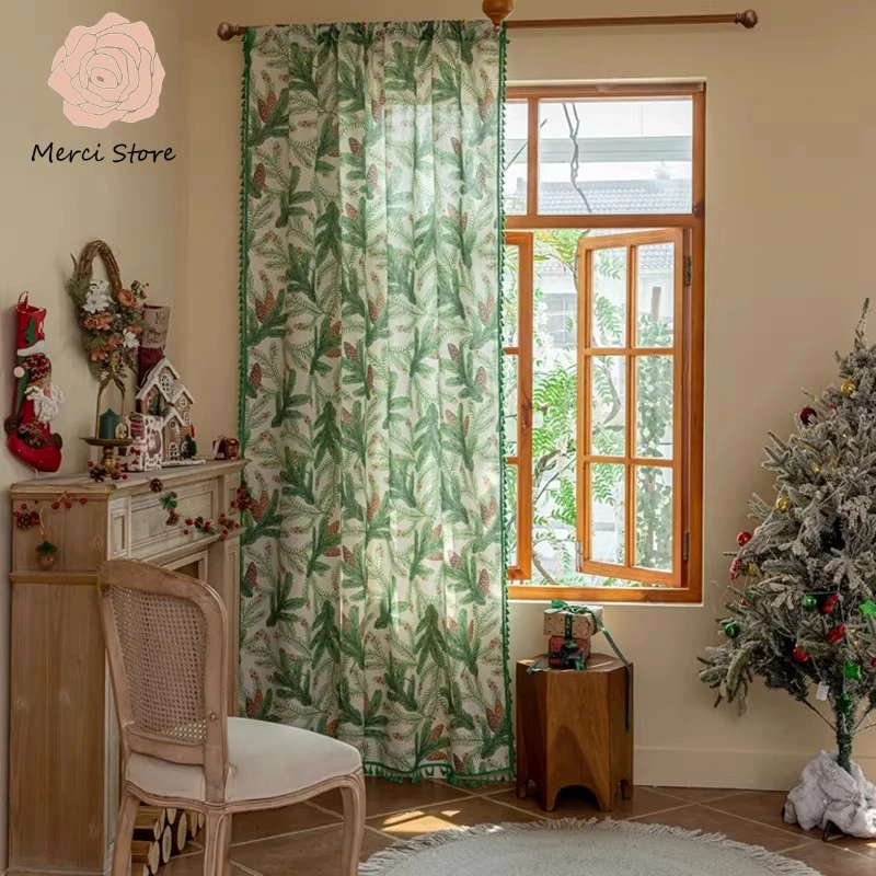 

Green Plant Printed Curtains for Living Room Semi Shading Balcony Blackout Bedroom Hook Thermal Insulated Custom Size