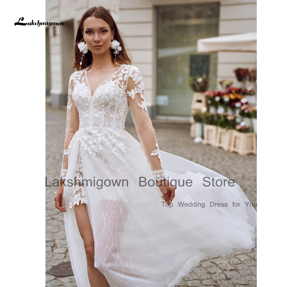 Lakshmigown Floral High Low Beach Wedding Dress Vestidos Novia 2023 Civil Bridal Lace Boho Wedding Gowns Open Back