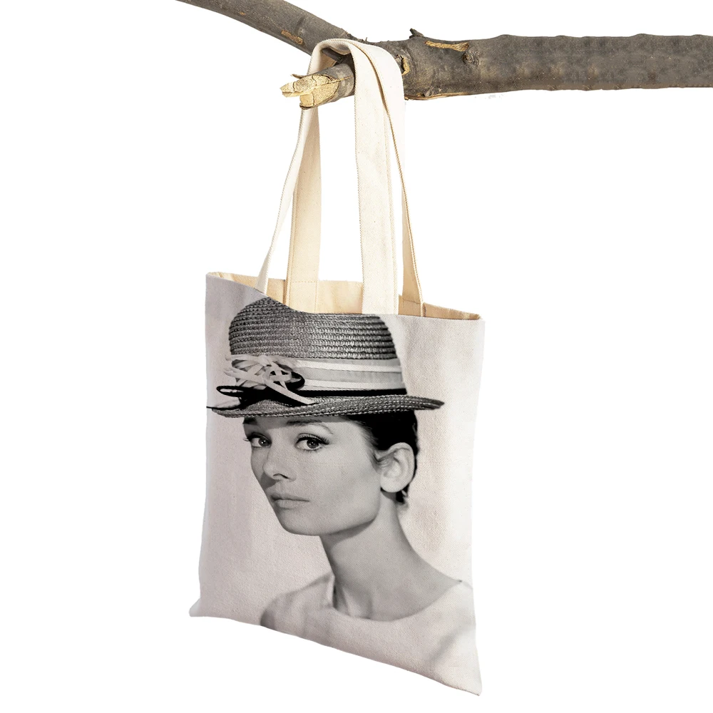 Elegant Audrey Hepburn Celebrity Retro Women Shopper Bags Casual Canvas Lady Shopping Bag Supermarket Travel Tote Handbag