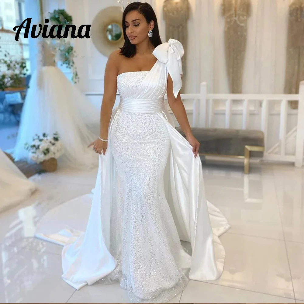 

Aviana Modern One Shoulder Mermaid Wedding Dresses Satin Detachable Train Bridal Gown With Bow Shinning Sequined robe de mariée