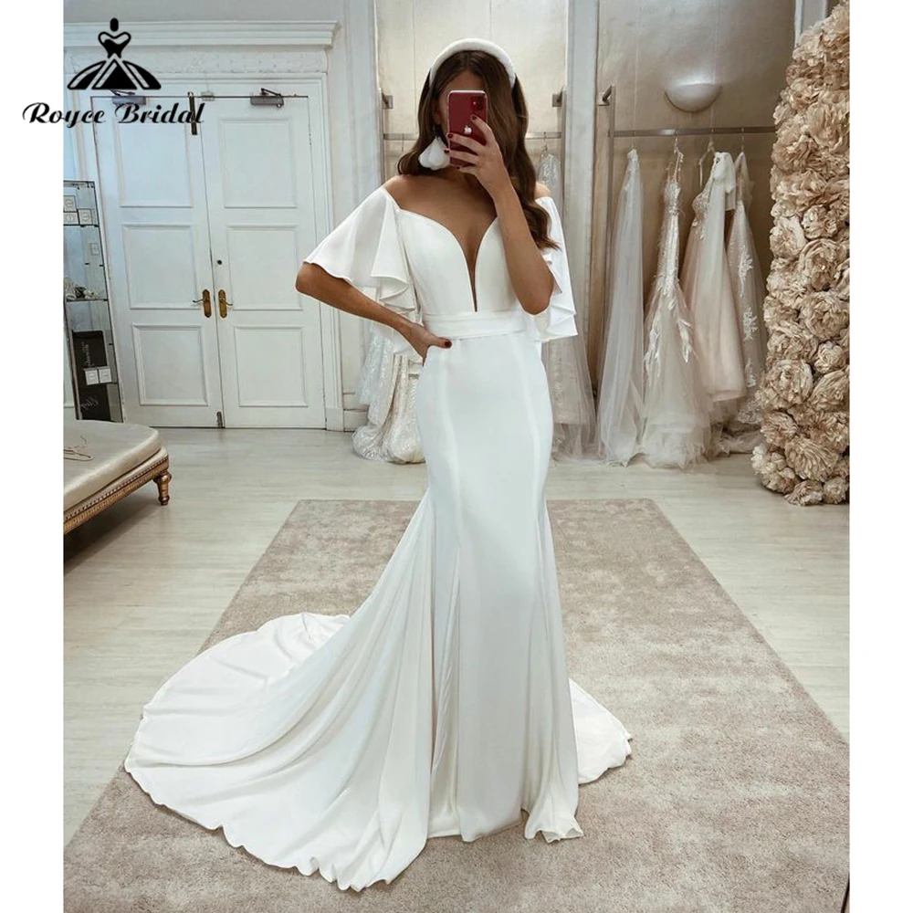 Semplice Sexy scollo a V manica svasata pieghe abito da sposa sirena in raso per le donne Boho abito da sposa Sweep Vestidos De Novia Robe De