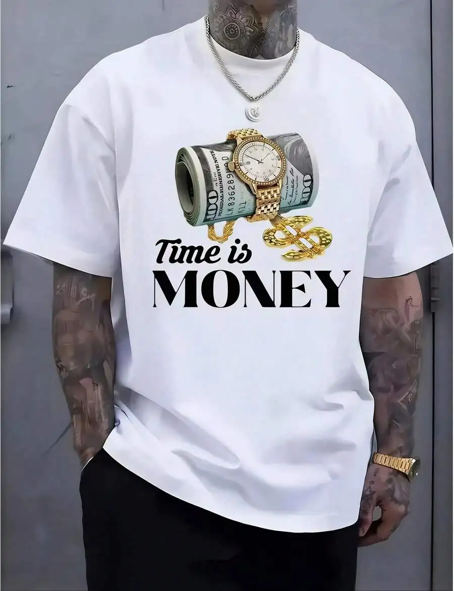 1pc Man S' Money Roll Watch Print White TShirt Crew Neck Casual Cotton Tee Medium Stretch Knit Fabric Regular Fit For Boys Man P