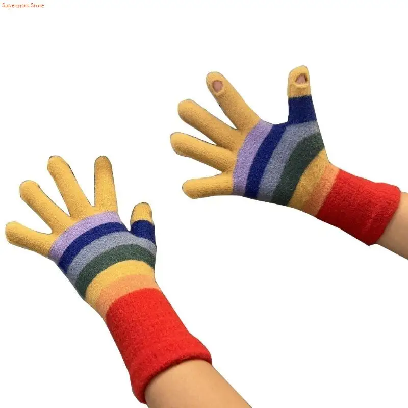 Q5WE Keep Warm Full Finger Gloves Adult Touchable Screen Mitten Striped Pattern Glove