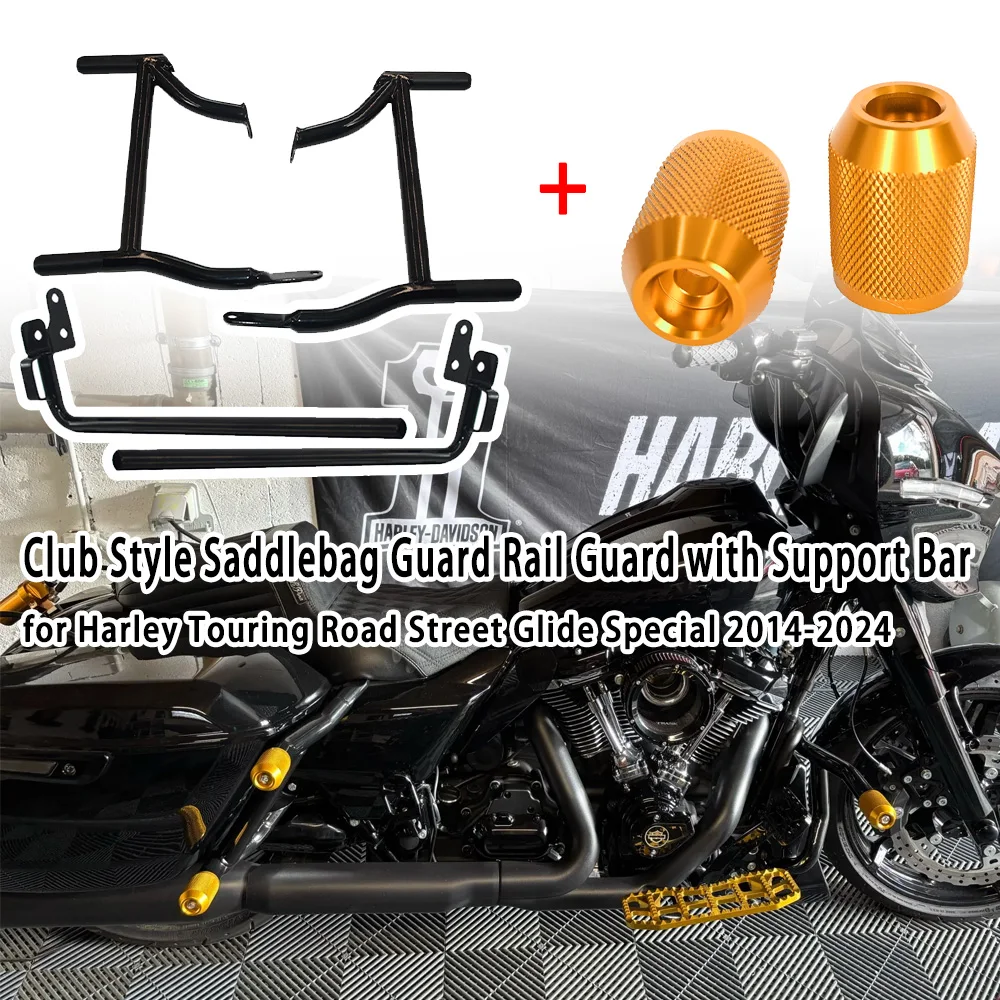 

Motorcycle Club Style Saddlebag Guard Rail Guard with Support Bar&Sliders for Harley Touring Road Street Glide Special 2014-2024