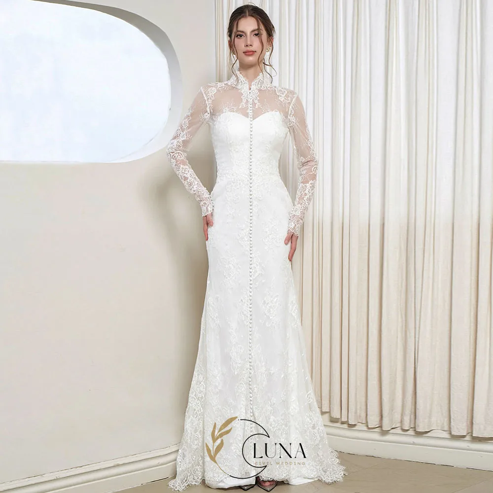 Luna Maßgeschneidertes Bescheidenes Langarm-Brautkleid mit Französischer Spitze 2026 Neues Meerjungfrau-Kleid mit Hohem Kragen Bodenlang Vestido de Novia