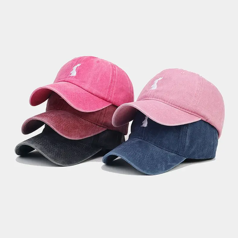 2023 New Vintage Washed Cotton Denim Baseball Cap Cartoon Embroidery Rabbit Cute Snapback Outdoor Sun Hats For Men Women