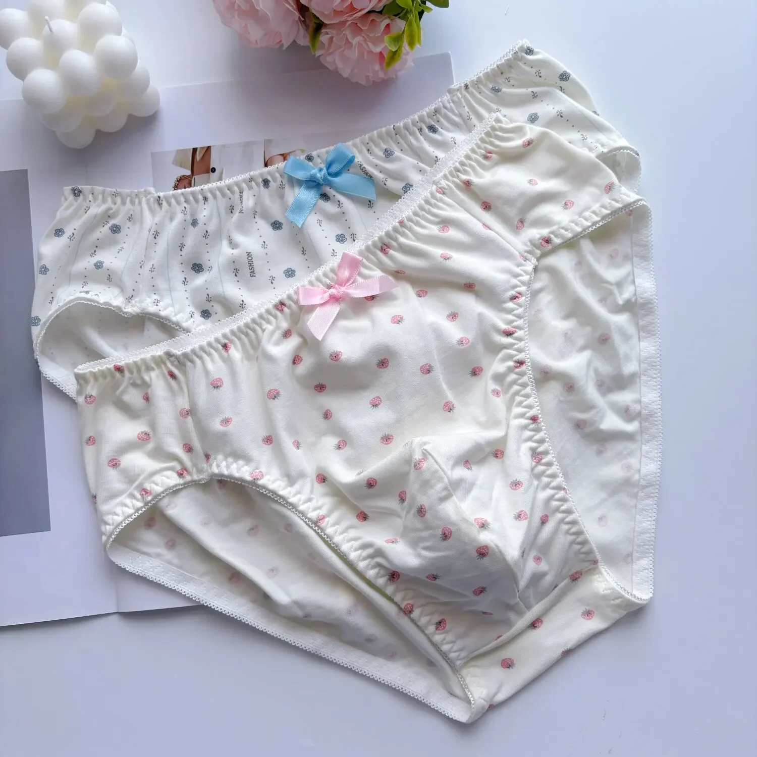 Men Sexy Cotton Briefs Stretch Soft Comfy Panties Sweet Bow Decor Crossdresser Sissy Underwear Breathable Mid Waist Lingerie