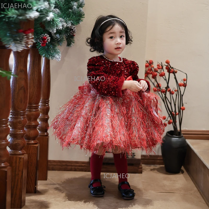 Red Children Girls Host Performance Dress Party Baby Girl Birthday Princess Gown Annual Celebration Formal Attire Pageant Outfit