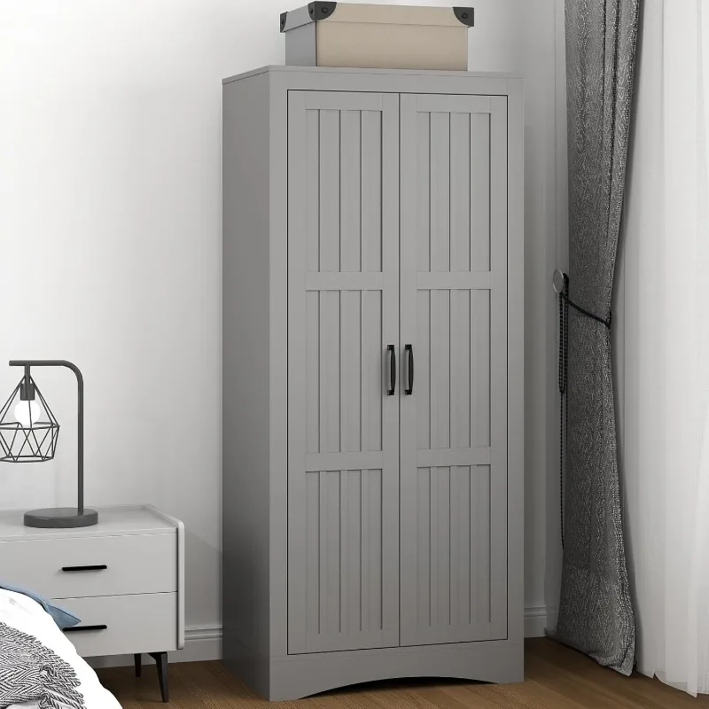 2 Door Wardrobe, Modern Freestanding Armoire Closet with Shelve and Metal Hanging Rod