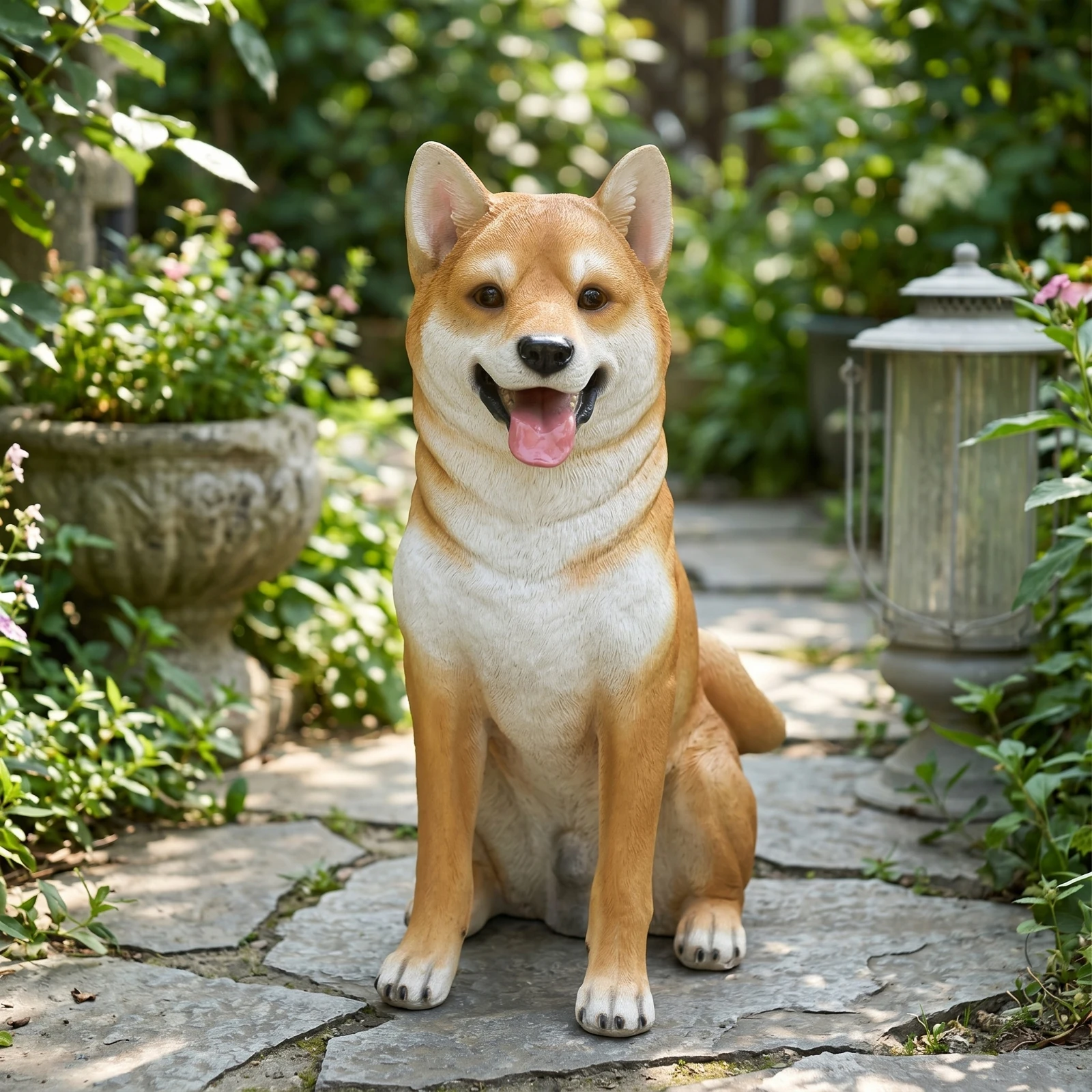 Shiba Inu Statue Garden Akita Statue Dog Sculpture with Basket Lifelike Figurine Lawn for Entryway