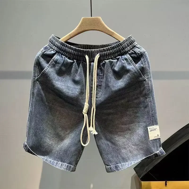 Male Denim Shorts Wide Drawstring Graphic Loose Men\'s Short Jeans Pants Baggy Harajuku Thin Xl Korean Fashion New in Cut Blue