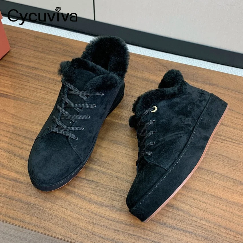 Winter New Suede Comfortable Flat Sneakers Women Thick Sole Lace Up Wool Warm Walking Shoes Casual Party Vacation Shoes Women